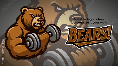 Bodybuilder Bear Mascot Lifting Dumbbells – Strong Fitness Animal Logo for Gym, Esports or Sports Branding
