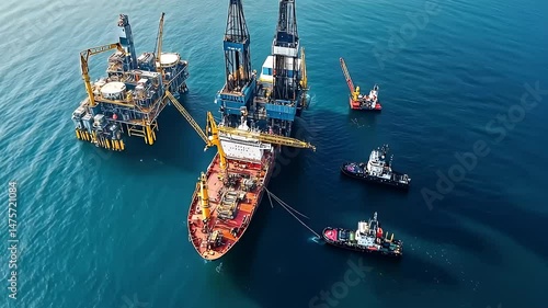 Aerial View of Offshore Oil Rigs and Support Vessels on a Blue Sea Surface Under Bright Daylight