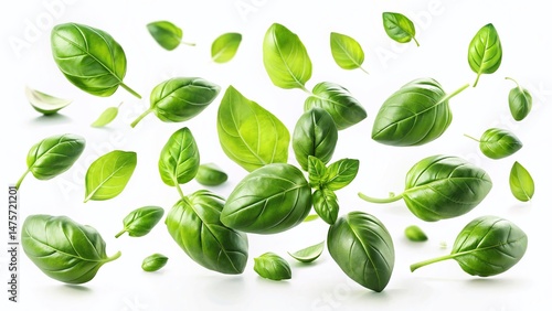 Falling Basil Leaves: Fresh Culinary Herb Spice PNG Stock Photo