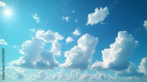 Bright sky filled with fluffy, white clouds under a shining sun on a clear day