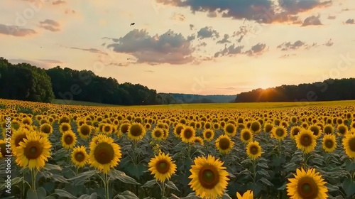 Sunflower Field Under Golden Hour Sky with Bees Pollinating Blooms