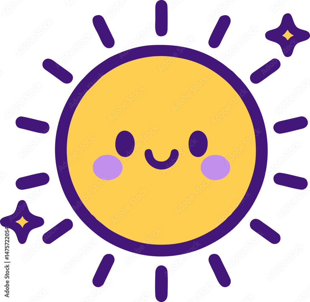 Obraz premium Smiling Yellow Sun Icon with Purple Rays – Cheerful Vector Design in Pastel Palette for Children’s Weather Apps, Educational Platforms, and Morning Routine Interfaces