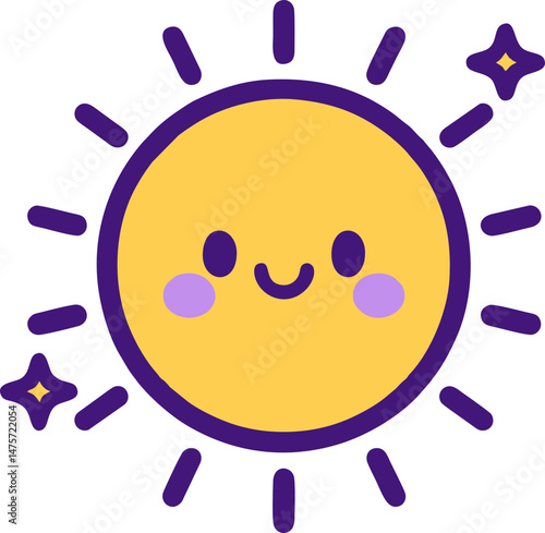 Smiling Yellow Sun Icon with Purple Rays – Cheerful Vector Design in Pastel Palette for Children’s Weather Apps, Educational Platforms, and Morning Routine Interfaces