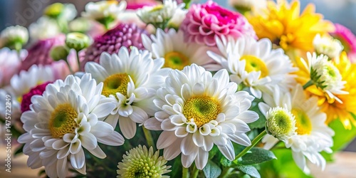 Festive White Chrysanthemum & Daisy Bouquet - Tilt-Shift Close-Up