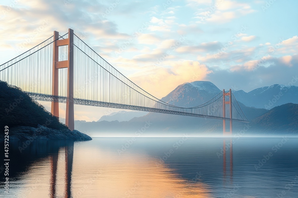 Fototapeta premium Long suspension bridge extending across calm water with mountains in the background under a soft cloudy sky at sunset