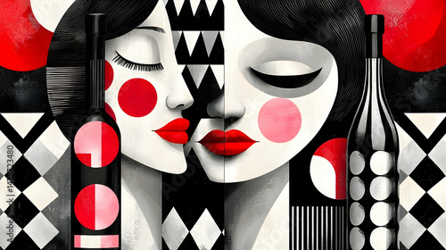 Elegant women's faces merge, wine bottles flank them, geometric background; ideal for wine label, menu, or art print