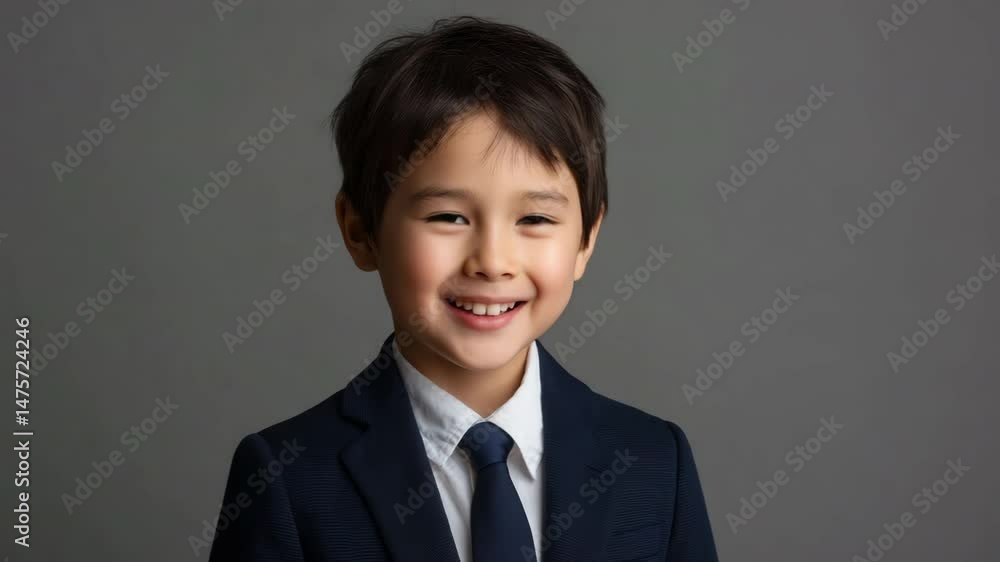 An 8 year old boy, wearing a navy blue suit and a white shirt with a tie An 8 year old boy, wearing a navy blue suit and a white shirt with a tie