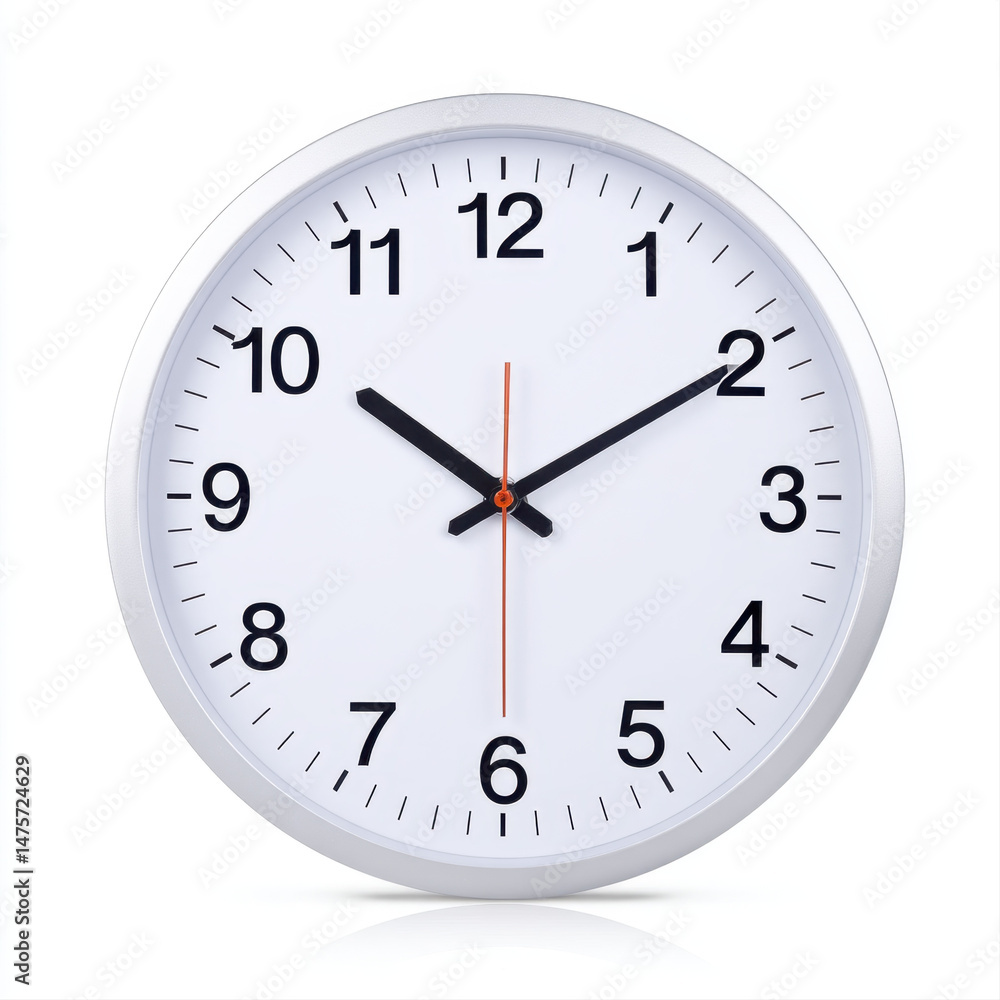 Simple modern white wall clock object, isolated on white background in clean studio shot, representing time and punctuality Simple modern white wall clock object, isolated on white background in clean studio shot, representing time and punctuality