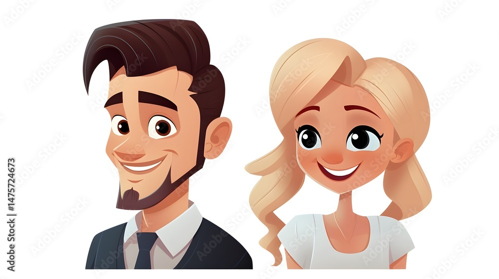 Elegantly dressed cartoon couple with stylish hairstyle in a cute pose Elegantly dressed cartoon couple with stylish hairstyle in a cute pose