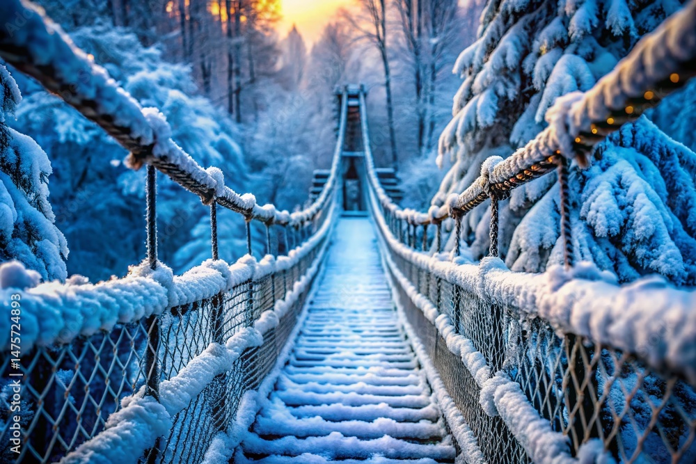 Fototapeta premium Frozen Wonderland: Macro View of Snow-Covered Cable Bridge