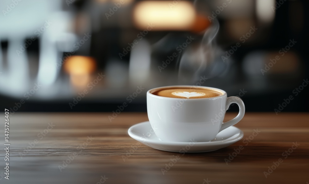Obraz premium Hot coffee with steam rising and latte art in a white cup on a wooden table, concept of a morning break or relax time drink for commercial use.