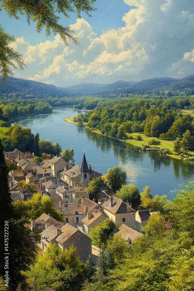 Fototapeta premium Scenic riverside village with clustered stone houses and a church steeple nestled among lush greenery and hills under a bright sky with fluffy clouds