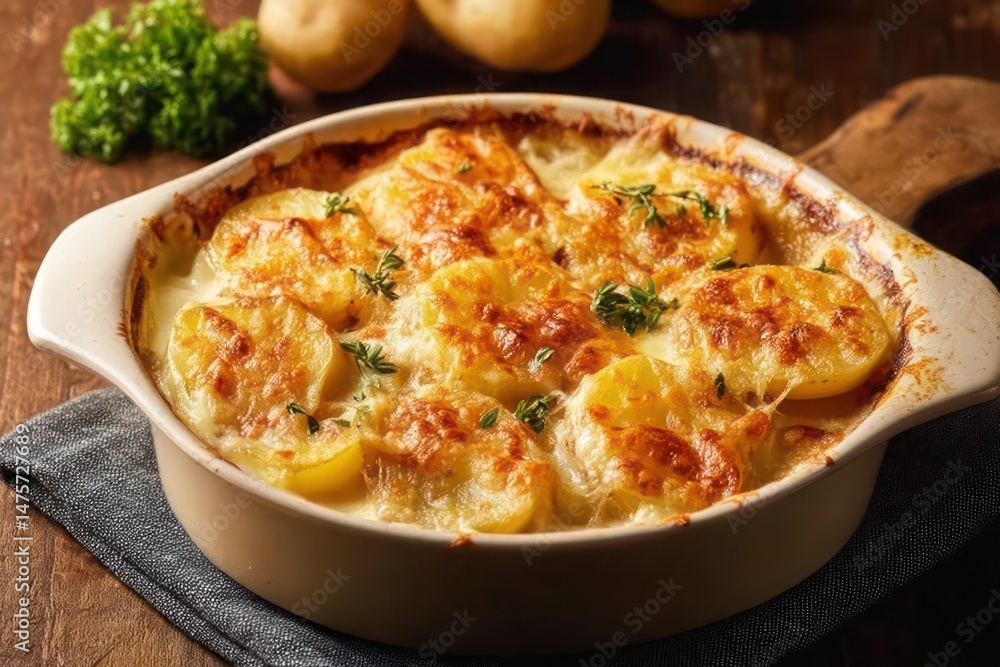 Appetizing baked potatoes with crunchy cheese in ceramic dish Appetizing baked potatoes with crunchy cheese in ceramic dish