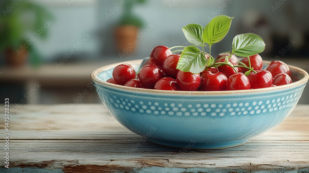 Fresh cherries in bowl, kitchen setting. Food photography for recipe blogs Fresh cherries in bowl, kitchen setting. Food photography for recipe blogs