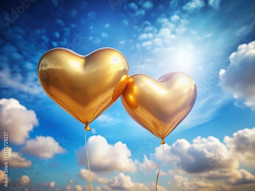 Golden Heart Balloons Floating in Blue Sky - Romantic Bokeh Stock Photo