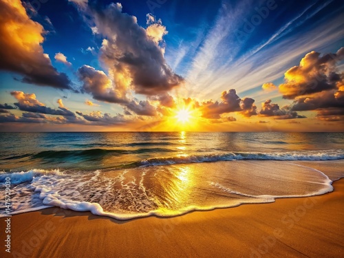 Golden Sunset Beach Scene: Tranquil Coastal View with Copy Space