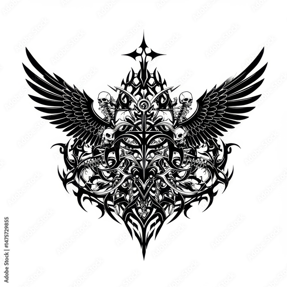 Fototapeta premium Gothic winged skull and crossbones emblem design, intricate black ink tattoo art