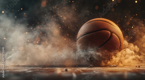 Fiery basketball amidst swirling smoke and sparks on court