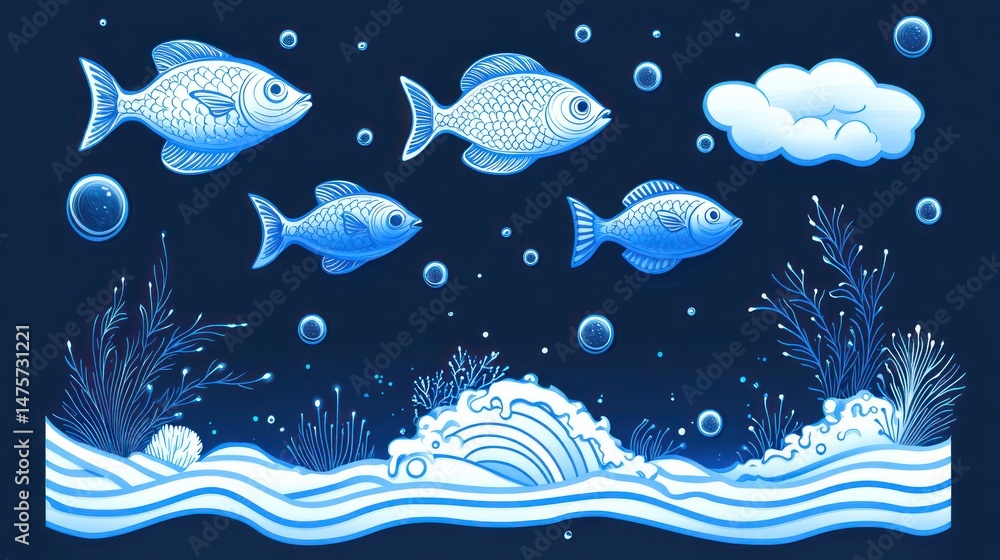 Illustration of four stylized fish swimming underwater surrounded by bubbles, seaweed, and wavy ocean floor patterns with a cloud above, in blue and white hues Illustration of four stylized fish swimming underwater surrounded by bubbles, seaweed, and wavy ocean floor patterns with a cloud above, in blue and white hues