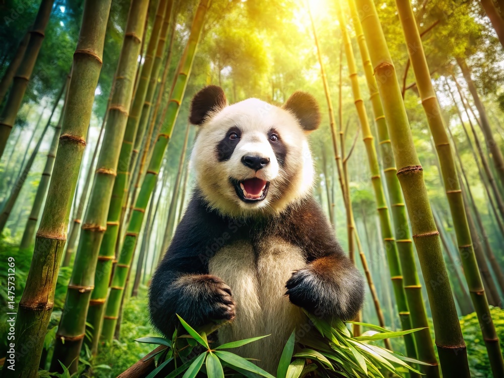 Obraz premium Happy Panda Playing in Bamboo Forest - Adorable Giant Panda Stock Photo