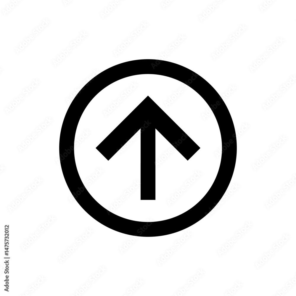Black arrow pointing upwards enclosed in a black circle on a white background providing directionality and focus Black arrow pointing upwards enclosed in a black circle on a white background providing directionality and focus