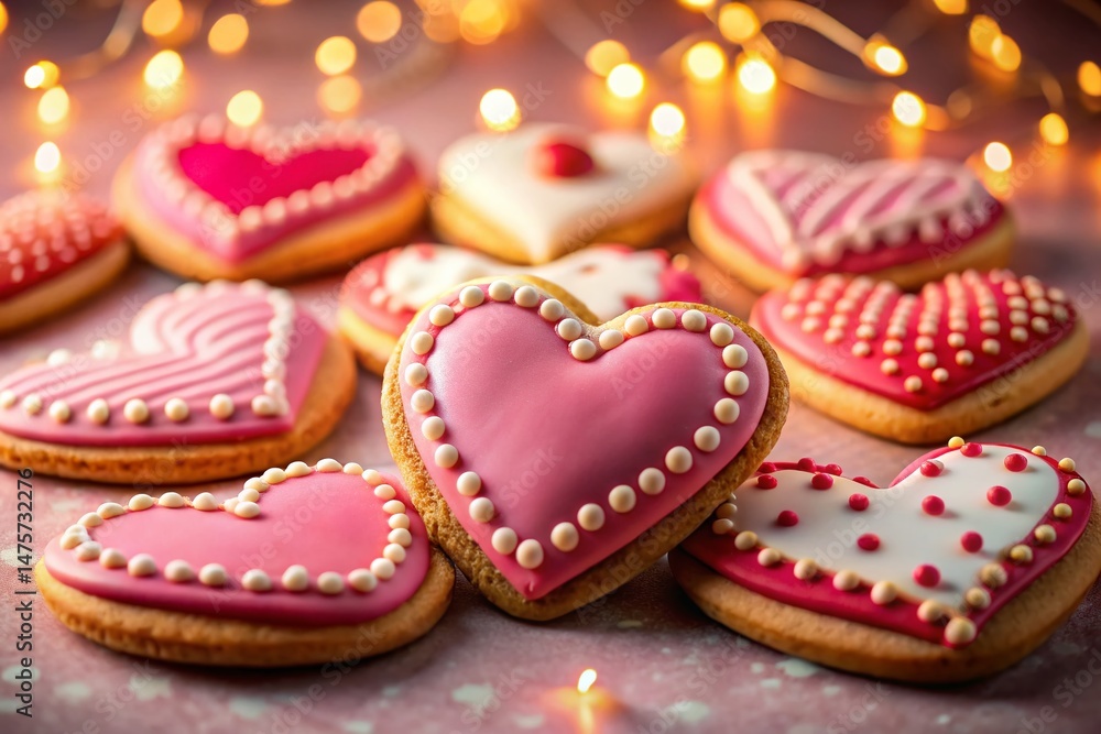 Heart-Shaped Cookies on Pink Background - Romantic Night Photography Heart-Shaped Cookies on Pink Background - Romantic Night Photography