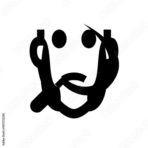 A stylized depiction of a face with round eyes a downturned mouth and prominent sideburns in black and white