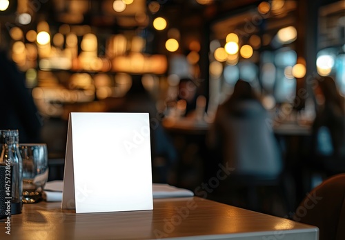 Blank tabletop tent card in a bustling restaurant