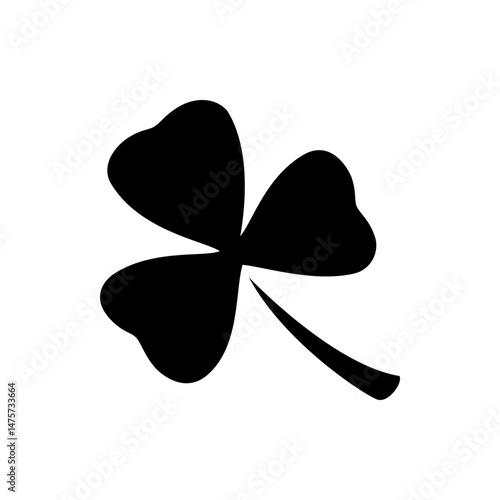 Black silhouette of a three leaf clover with a stem isolated on a white background in a simple design
