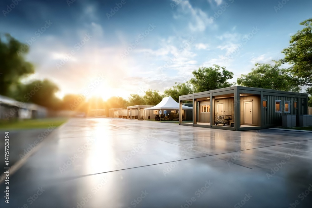 Obraz premium Modern Outdoor Space with Shelters and Tranquil Landscape View