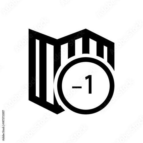 Black and white icon showing a folded map with a circle containing a minus sign and the number one