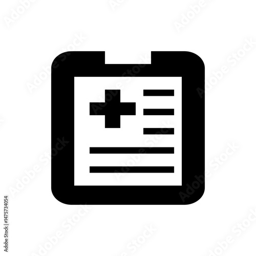 Black and white medical report icon with a plus sign and horizontal lines representing data filling form