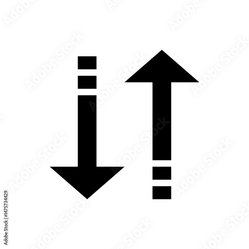 Black arrows pointing up and down with broken lines on a white background in a simple graphic design