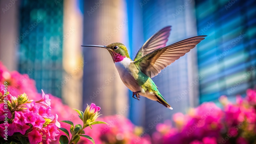 Fototapeta premium Hummingbird in Flight Near Pink Flowers - Architectural Photography