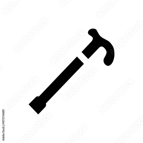 A black walking cane with a curved handle and a thick shaft is displayed diagonally on a white background