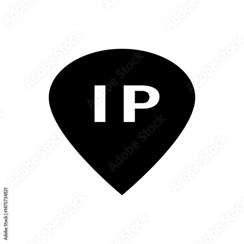 Black map pin with white ip letters indicating location on a map for internet protocol address