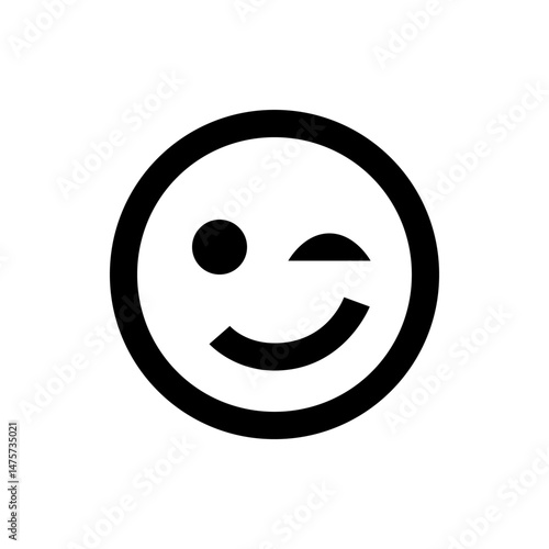 Illustration of a simple winking face emoticon with a circular head and a curved mouth expression icon
