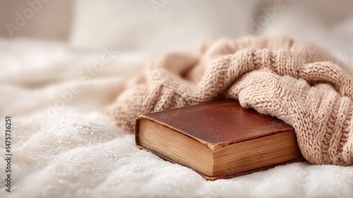 Wallpaper Mural Cozy scene with an open vintage book partially covered by a soft knit blanket on a warm textured bed background emanating comfort and relaxation Torontodigital.ca