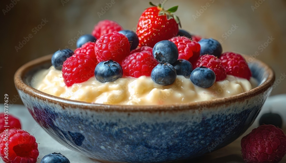 close-up of a blue ceramic bowl filled with creamy rice pudding topped with fresh strawberries, raspberries, and blueberries on a rustic background close-up of a blue ceramic bowl filled with creamy rice pudding topped with fresh strawberries, raspberries, and blueberries on a rustic background