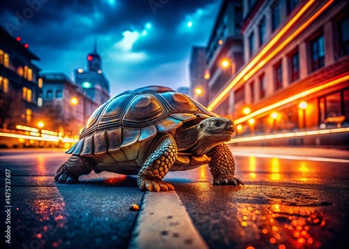 Lava Turtle Crossing City Street at Night - Long Exposure Photography