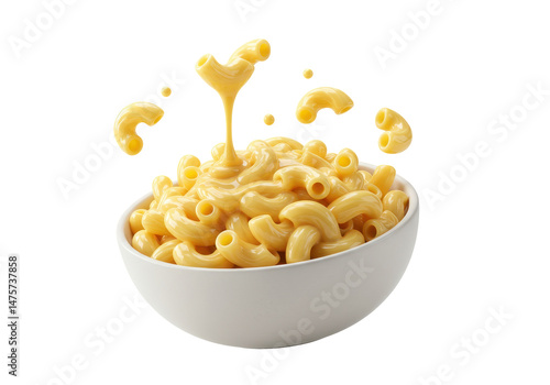 Macaroni and Cheese in Bowl with Pouring Sauce and Flying Noodles on Black isolated on transparent png