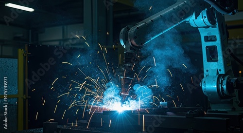 Industrial robot welding in a manufacturing facility.