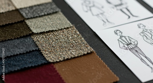 Fashion design sketches and fabric swatches on a dark surface.