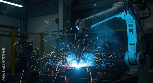 Industrial robot arm welding in a factory setting.