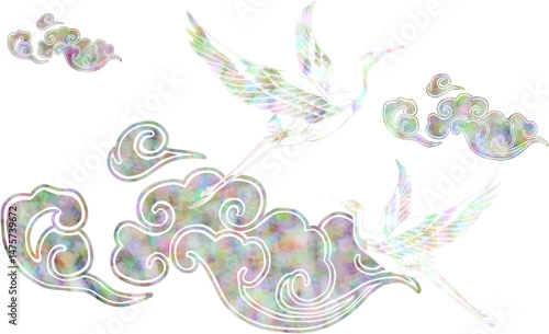 전통 자개 민화 일러스트 – 학과 구름 : Korean Mother-of-Pearl Folk Art with Cranes and Clouds