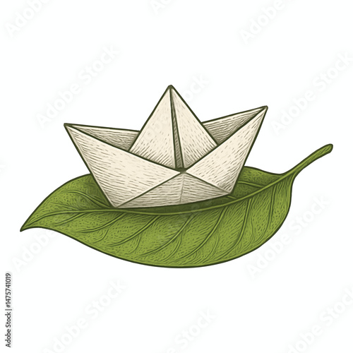Paper Boat Floating on Green Leaf – Eco Symbol Vector