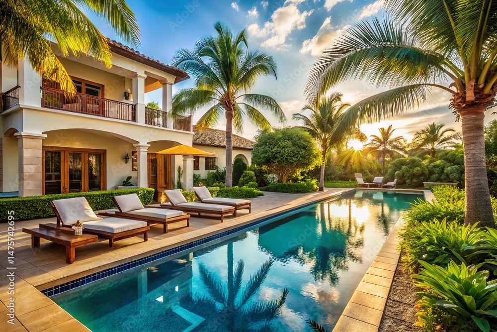 Fototapeta premium Luxury Seaside Villa with Pool & Palm Trees - Stock Photo
