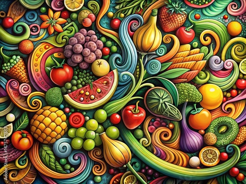 Macro Abstract Doodle Fruit Vegetable Art: Playful Vibrant Colors