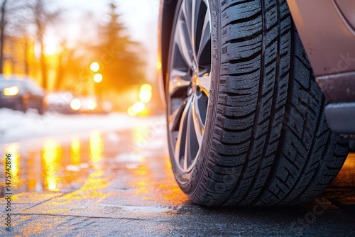 Wallpaper Mural Close-up of a car tire on a wet road with reflections of streetlights and blurred background cars during sunset Torontodigital.ca