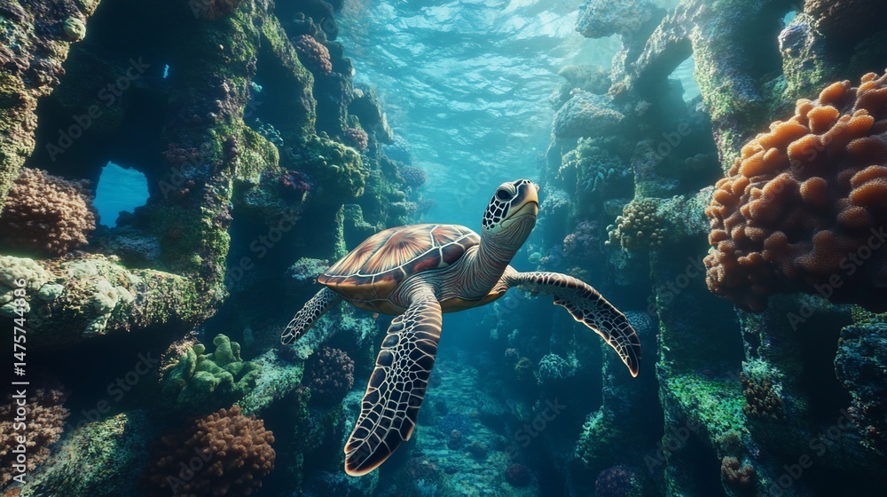 Fototapeta premium Sea turtle gracefully swims among vibrant coral reefs in clear ocean waters